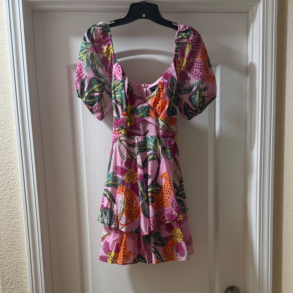 Pink Floral Puff Sleeve Mini Dress worn once in Mexico for wedding